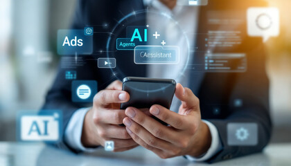 Businessman holding smartphone with glowing AI interface overlay.