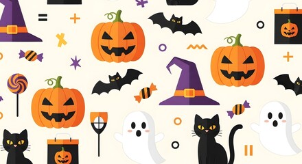 Halloween themed seamless pattern with pumpkins, bats, ghosts, black cats, witch hats, candy, and other festive elements on a light background.