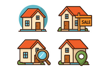 Real estate vector icon set. House for sale, home search with magnifying glass, and property location pin. Mortgage, investment, and housing business cartoon illustration.