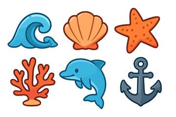 Cute nautical icons set with wave, shell, starfish, dolphin, coral, anchor. Vector cartoon illustration of marine sea life symbols for summer beach and ocean travel design.