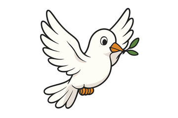 Obraz premium White dove of peace with olive branch vector. Flying bird symbol of hope, freedom, love. Holy spirit religious sign. Cute cartoon character illustration for peace day.