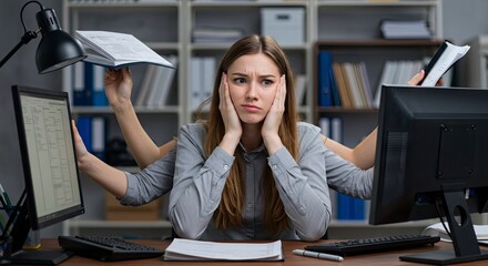 Overwhelmed woman at desk with multiple hands holding papers and monitors stressed