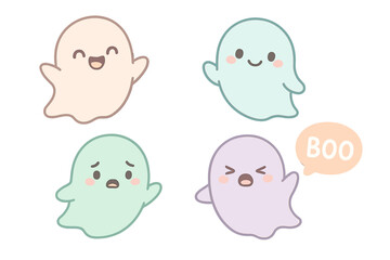 Set of cute kawaii pastel ghosts with various emotions. Cartoon character collection for Halloween. Happy, sad, angry phantom emoji. Spooky boo spirit vector illustration.