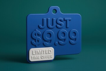 Price tag with JUST $9.99 and LIMITED TIME OFFER, glossy style, enticing retail discount promotion.