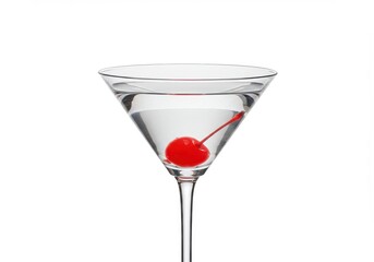 A martini glass filled with clear liquid, topped with a vibrant red maraschino cherry, is presented against a plain white backdrop.