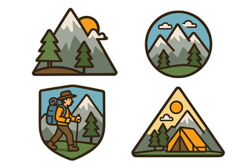 Adventure hiking camping badge logo set. Outdoor travel expedition patch collection. Mountain wilderness trek sticker illustration. Vector forest camp & nature explorer icon.