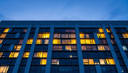 Modern office building facade at dusk with illuminated windows and architectural details