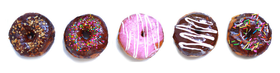 Different Type flavors of Donuts on white background