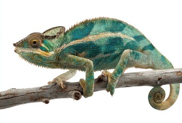 A chameleon rests on a slender branch against a bright white background. Its body features mottled turquoise and tan patterns
