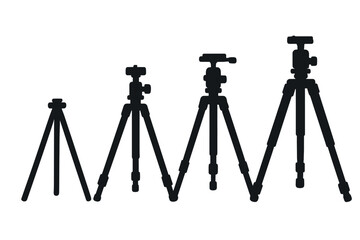 Set of minimalist tripod silhouettes for photography equipment design, vector cartoon illustration with transparent background, ordered collection of camera stands and supports