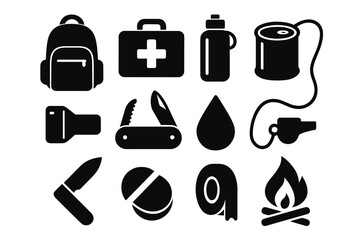 Emergency kit icon set. Survival gear simple black silhouettes. Disaster preparedness essentials. Vector symbols for hiking, camping, and bug out bag. First aid, knife, fire.