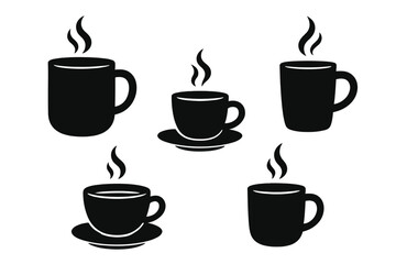 Obraz premium Silhouette Coffee Mugs and Cups Set with Steam, Minimalist Vector Cartoon Illustration, Hot Beverage Icons, Transparent Background, Ordered Collection for Cafe, Drink Lovers
