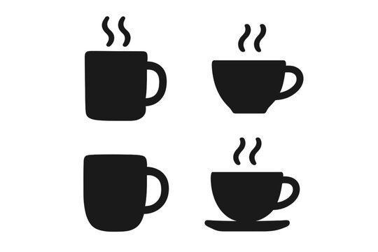Silhouette coffee and tea mug icons set, minimalistic style vector illustration, hot beverage symbols, steaming cups, black mug collection, simple drink icons transparent background
