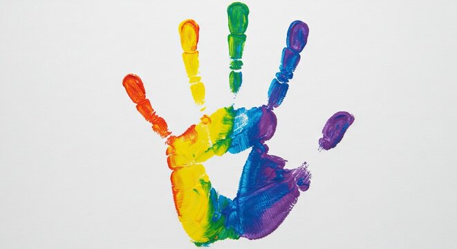 Rainbow handprint art on white background red yellow green blue purple colors visible hand details