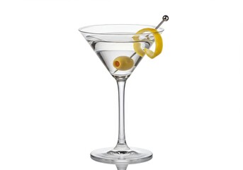 A transparent martini glass, filled with a clear liquid, garnished with a lemon twist and olive, stands on a plain white background.