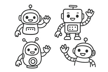 Friendly robotic characters in a linear style. Set of cute cartoon robots waving and smiling. Vector line art illustration. Concept for AI, chatbot, future technology, android.