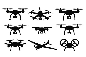 Silhouette drone set in various shapes and innovative designs for versatile aerial uses, vector cartoon illustration with transparent background, ordered set of flying drones