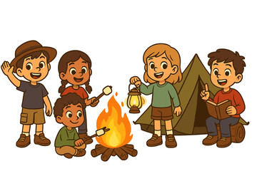Diverse kids on camping adventure. Group of children roasting marshmallows on campfire, reading book by tent, holding lantern. Summer camp activity. Cartoon vector character set.