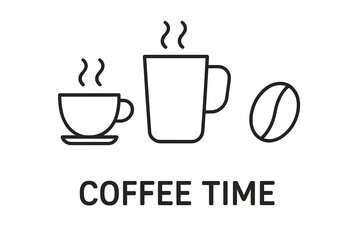 Coffee time vector icon collection. Outline symbols of a hot coffee cup, mug, and bean. Minimalist linear illustration for cafe menu, web design, app, logo, branding, advertising.