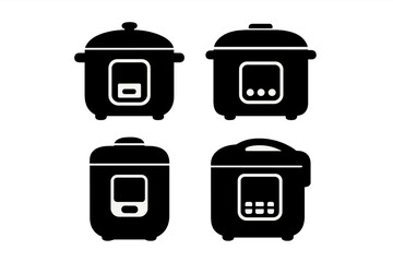 Silhouette icons of modern electric rice cookers collection on white background, vector cartoon kitchen appliances illustration set with transparent background, ordered design set