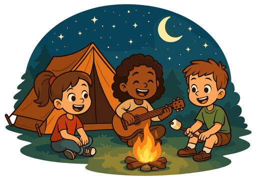 Kids camping fun by campfire. Diverse friends singing, playing guitar, roasting marshmallow. Summer camp adventure in nature with tent under starry night sky. Vector cartoon.