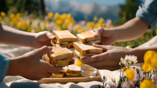 Grandparents prepare a picnic with their 8 year old grandkids in a meadow spreading blankets unpacking sandwiches and spotting butterflies fluttering around illustrated in a rel