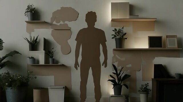 Cardboard cutout standing in modern living room with houseplants