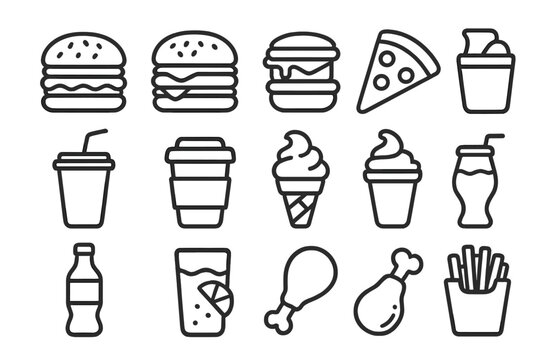 Fast food line icon set. Collection of simple outline symbols for restaurant menu. Burger, pizza, fries, chicken, soda, and ice cream vector pictograms for web and design.