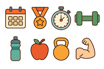 Fitness icons set vector illustration. Health sport and gym equipment collection. Flat cartoon style. Dumbbell, kettlebell, apple, medal, calendar, stopwatch, bicep muscle.