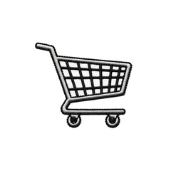 A digitally embroidered shopping cart icon, featuring a white stitched design with a dark outline. Ideal for e commerce, retail, and online shopping applications.