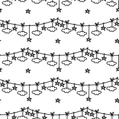 Pattern from Holiday garland stretch with stars and clouds on a string. Hand-drawn doodle. Tied with a bow. Seamless texture for weddings, Mother's Day, birthdays, Valentine's Day, and other holidays.