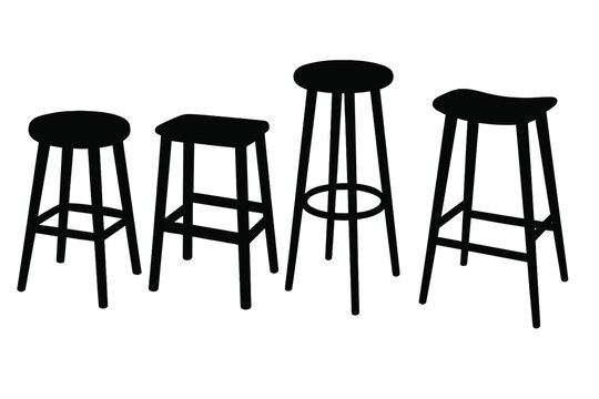Stylish black silhouette stools set, minimalist modern stool designs, vector cartoon illustration, transparent background, ordered set, various bar and counter stools