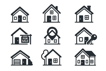 House icon set for real estate business. Home sale, rent, and mortgage pictogram collection. Vector property symbols, for sale sign, key, location pin. Simple glyph design.