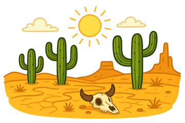 Desert landscape with cacti and bull skull under hot sun. Vector cartoon illustration. Arid climate, wild west, Arizona, Mexico concepts. Nature, travel, heat, western.