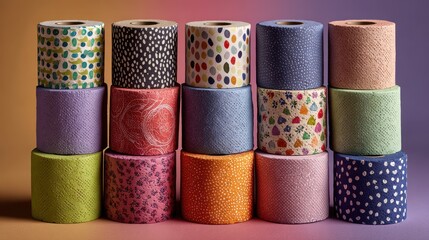 Collection of decorative paper rolls displayed on purple background shows vibrant colors, intricate designs, and artistic craft, creating an eye-catching visual