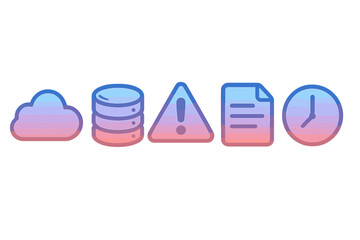 Vector gradient icon set for UI UX design. Cloud computing, database server, alert, document file, and clock time symbols. Modern digital interface elements for web and app.