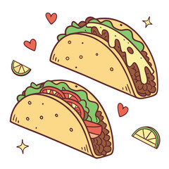 Vector art of two delicious tacos with hearts and stars