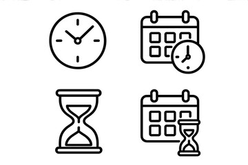 Time management vector icon set. Clock, calendar, hourglass line art. Concept schedule, deadline, planning, productivity, efficiency. Countdown, appointment, reminder, timer symbol.