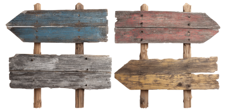 Four weathered wooden directional signs (16) - Powered by Adobe