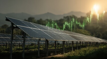 Solar panels reflect sunrise with financial data overlayed on distant city skyline representing renewable energy investment trends