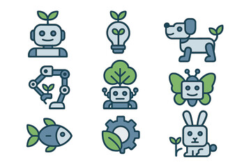 Obraz premium Technology and nature icon set. Robot and environment concept. Eco friendly innovation, green energy, sustainability. Robotic animals, AI, cartoon vector illustration collection.