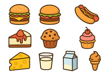 Food icon collection. Cute cartoon vector set of fast food, desserts and dairy products. Burger, hot dog, cake, cupcake, muffin, cheese, milk and ice cream. Flat design style.
