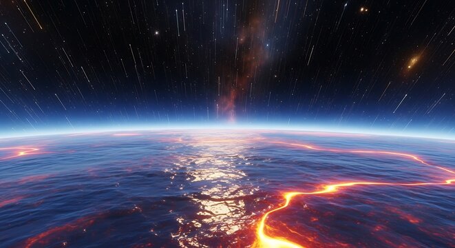 Otherworldly spectacle of a planet with liquid surface under cosmic event display