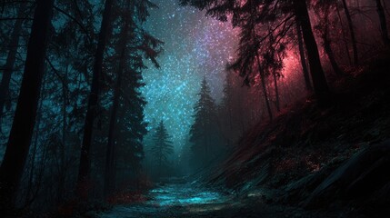 Obraz premium Mystic Forest at Night: A mesmerizing, atmospheric shot showcasing a dark, mysterious forest under a starlit sky, blending vibrant hues of turquoise and magenta to create an ethereal scene. 