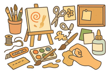 Collection of art and craft supplies for DIY projects and hobbies. Creative workshop equipment set with easel, paint, brushes, scissors, glue, and paper. Flat vector illustration.