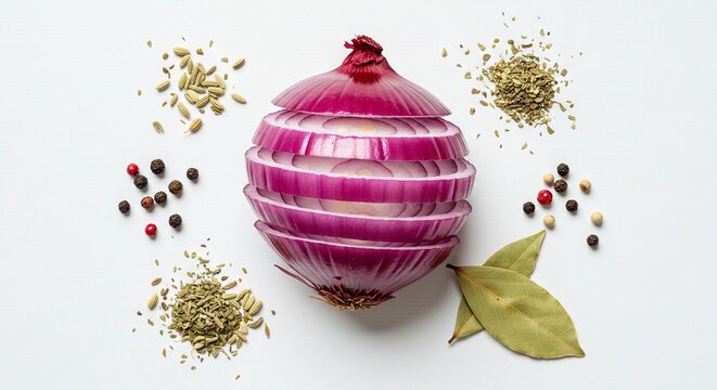 Naklejki Sliced red onion surrounded by spices and bay leaves on a white background