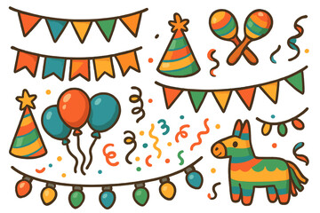 Fiesta party and birthday celebration vector icon set. Festive decorations with piñata, maracas, balloons, confetti, and party hats. Colorful cartoon carnival elements collection.
