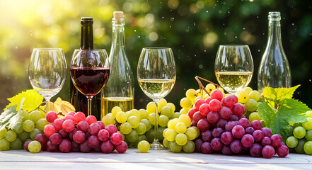 Fresh grapes and wine bottles arranged on table in garden setting  