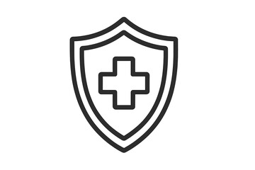 Obraz premium Medical shield with cross outline icon, health protection symbol, safety emblem, medical insurance vector, healthcare logo, clean linear design for graphic and web, apps, adverts, cards
