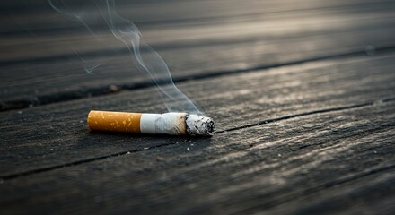Smoking cigarette on weathered wood surface with visible smoke trails